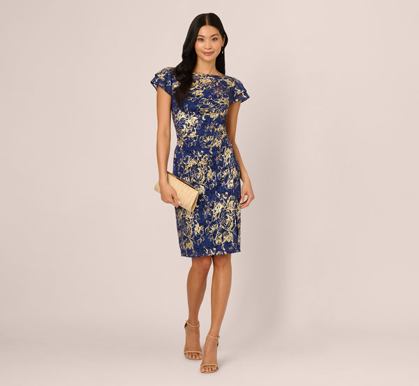 adrianna papell Cap Sleeve Foil Lace Sheath Dress In Navy Gold adrianna papell Cap Sleeve Foil Lace Sheath Dress In Navy Gold