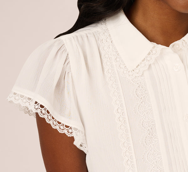 Adrianna Papell Cap Sleeve Lace Collared Blouse In Ivory