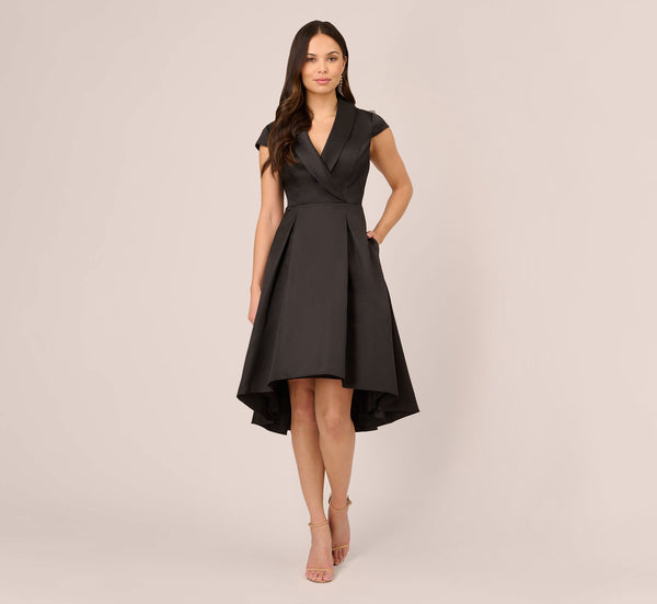 Adrianna Papell Cap Sleeve Mikado Midi Dress With High Low Skirt In Black