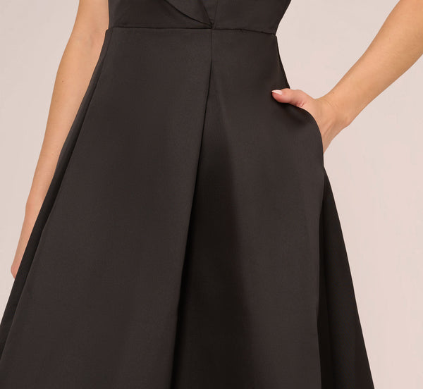 Adrianna Papell Cap Sleeve Mikado Midi Dress With High Low Skirt In Black