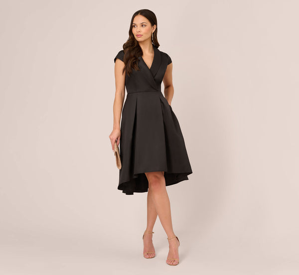 adrianna papell Cap Sleeve Mikado Midi Dress With High Low Skirt In Black