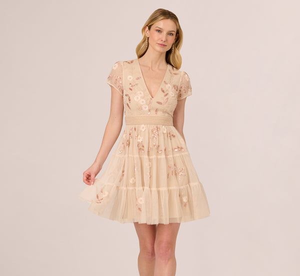 Adrianna Papell Cap Sleeve Pearly Sequin Cocktail Dress In Pale Pink