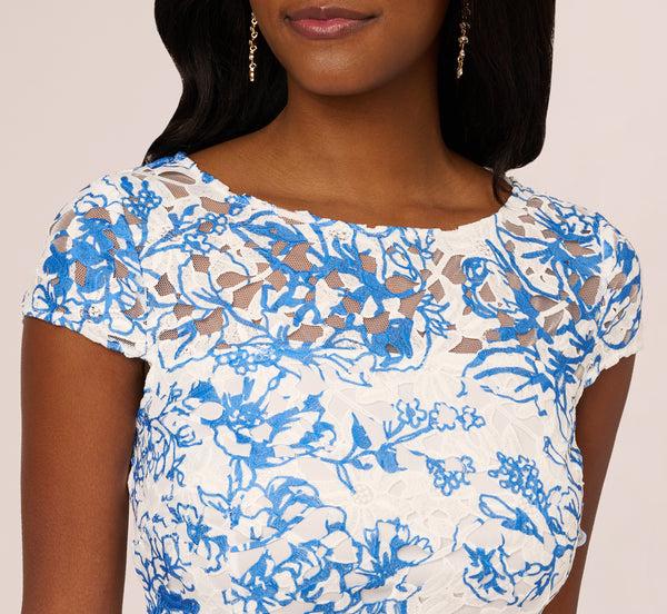 Adrianna Papell Cap Sleeve Printed Lace Sheath Dress In Ivory Blue