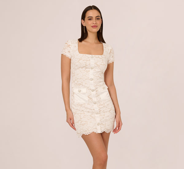 Adrianna Papell Cap Sleeve Rhinestone Button Lace Short Dress In Ivory