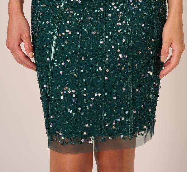 Adrianna Papell Cap Sleeve Sequin Beaded Dress With Mock Neckline In Gem Green