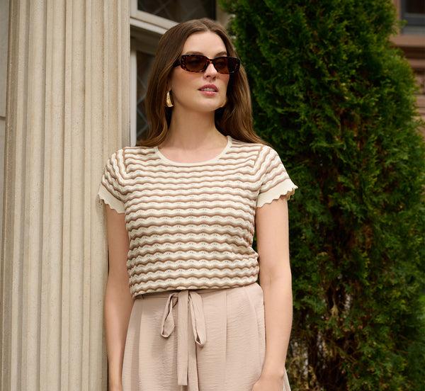 adrianna papell Cap Sleeve Wavy Pointelle Knit Top In Neutral Combo