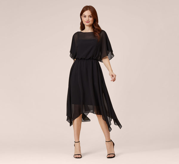 Adrianna Papell Chiffon Blouson Midi Dress With Flutter Sleeves In Black