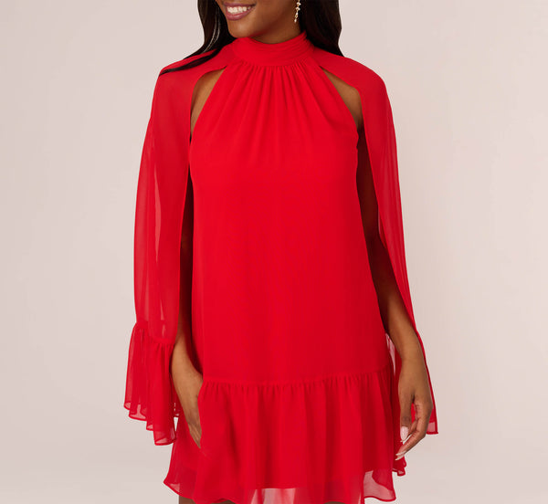 Adrianna Papell Chiffon Cape Sheath Dress With Ruffle Details In Red Crush