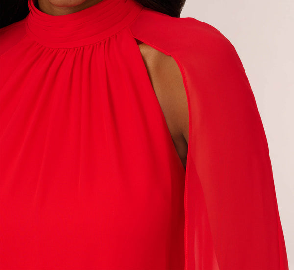 Adrianna Papell Chiffon Cape Sheath Dress With Ruffle Details In Red Crush