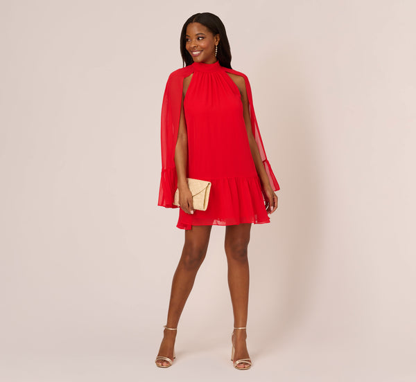 adrianna papell Chiffon Cape Sheath Dress With Ruffle Details In Red Crush