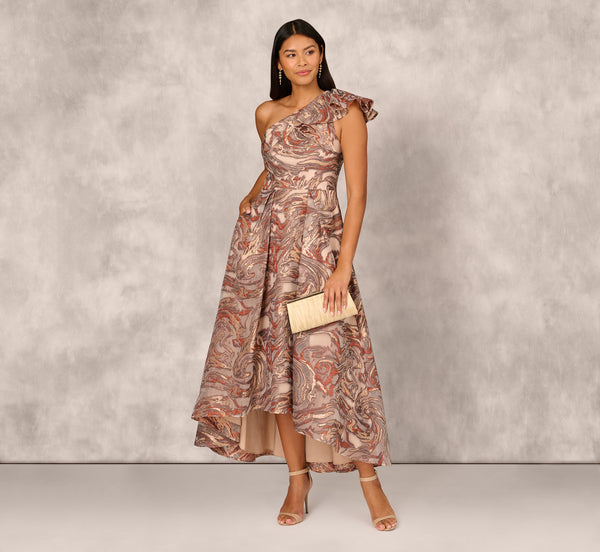 Adrianna Papell Clipped Jacquard High Low Gown With Ruffle One Shoulder Neck In Rust Multi