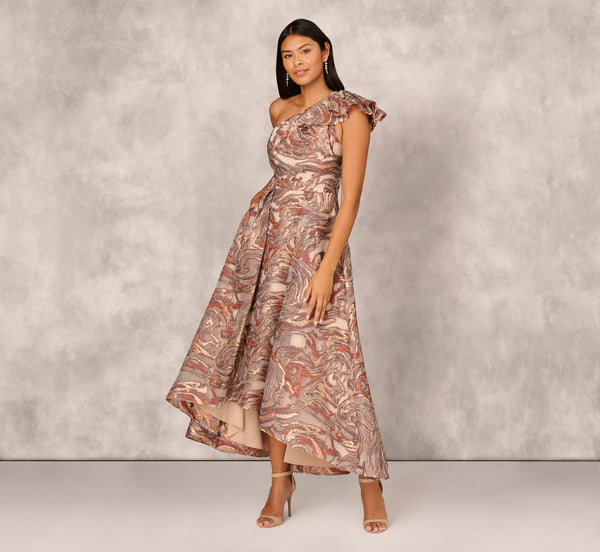 Adrianna Papell Clipped Jacquard High Low Gown With Ruffle One Shoulder Neck In Rust Multi