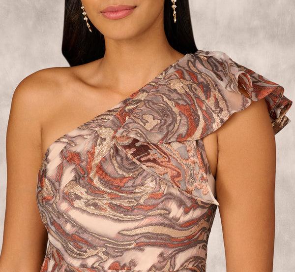 Adrianna Papell Clipped Jacquard High Low Gown With Ruffle One Shoulder Neck In Rust Multi