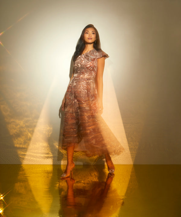 adrianna papell Clipped Jacquard High Low Gown With Ruffle One Shoulder Neck In Rust Multi