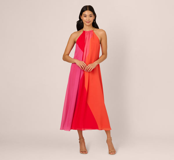 Adrianna Papell Color Block Chiffon Trapeze Dress With Chain Halter Neckline In Red Multi
