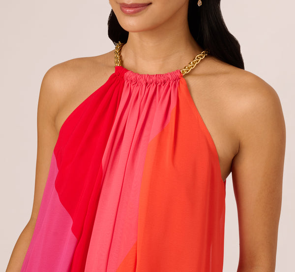 Adrianna Papell Color Block Chiffon Trapeze Dress With Chain Halter Neckline In Red Multi