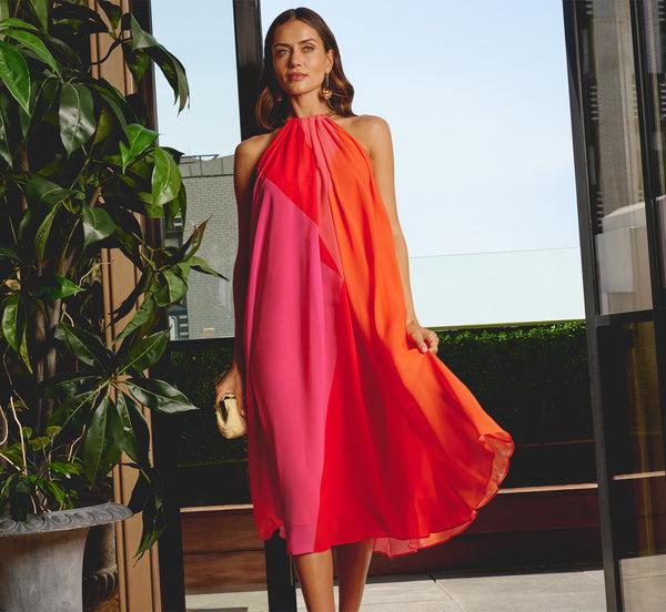adrianna papell Color Block Chiffon Trapeze Dress With Chain Halter Neckline In Red Multi