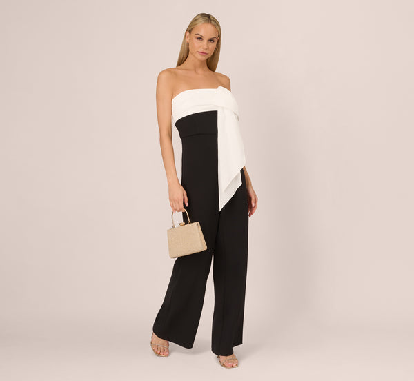 Adrianna Papell Colorblock Crepe Strapless Jumpsuit With Bow Accent In Black White