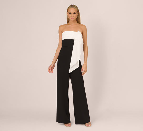 Adrianna Papell Colorblock Crepe Strapless Jumpsuit With Bow Accent In Black White
