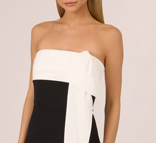 Adrianna Papell Colorblock Crepe Strapless Jumpsuit With Bow Accent In Black White