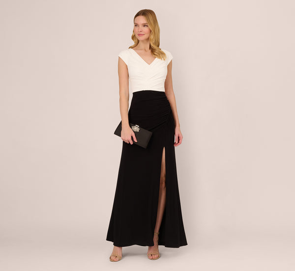 adrianna papell Colorblock Mermaid Gown With Pleated Details In Black Ivory