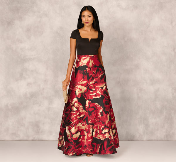 Adrianna Papell Combo Fabric Cap Sleeve Gown In Black Red Multi