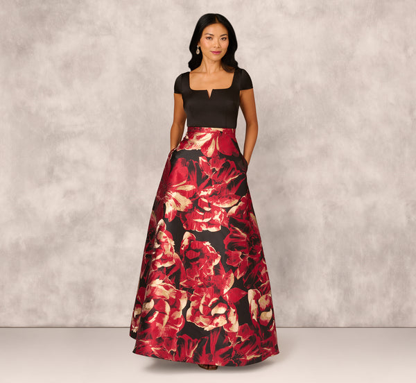 Adrianna Papell Combo Fabric Cap Sleeve Gown In Black Red Multi