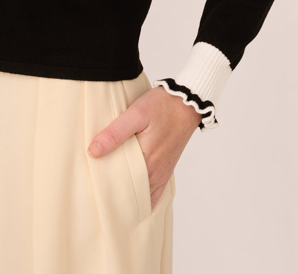 Adrianna Papell Contrast Ruffle Cardigan In Black Ivory