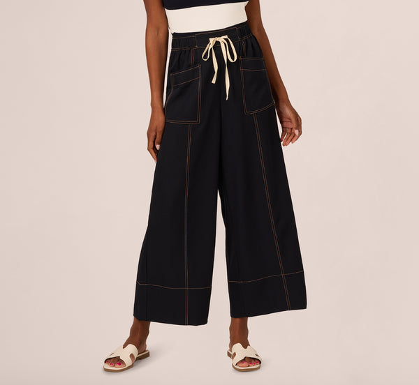 Adrianna Papell Contrast Stitched Wide Leg Drawstring Pant In Navy Khaki
