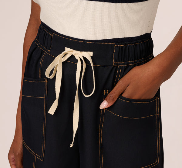 Adrianna Papell Contrast Stitched Wide Leg Drawstring Pant In Navy Khaki