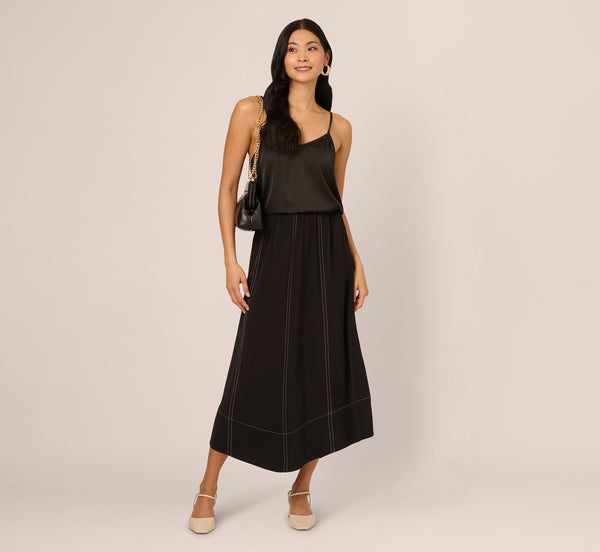Adrianna Papell Contrast Stitching A Line Midi Skirt In Black Ivory