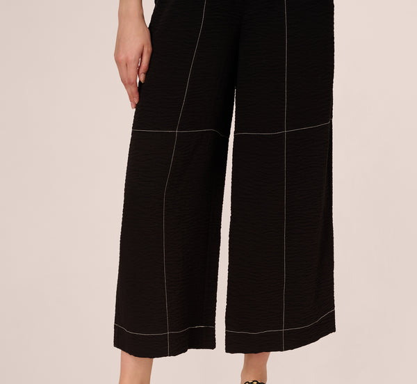Adrianna Papell Contrast Stitching Crinkle Midi Pant In Black Ivory