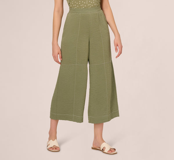 Adrianna Papell Contrast Stitching Crinkle Midi Pant In Oil Green Ivory