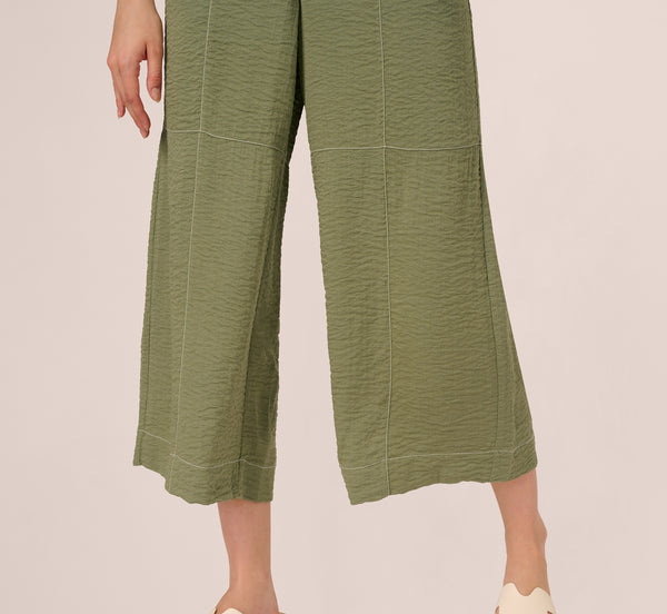 Adrianna Papell Contrast Stitching Crinkle Midi Pant In Oil Green Ivory