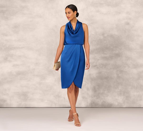 adrianna papell Cowl Neck Cocktail Dress With Front Draped Skirt In Deep Ocean
