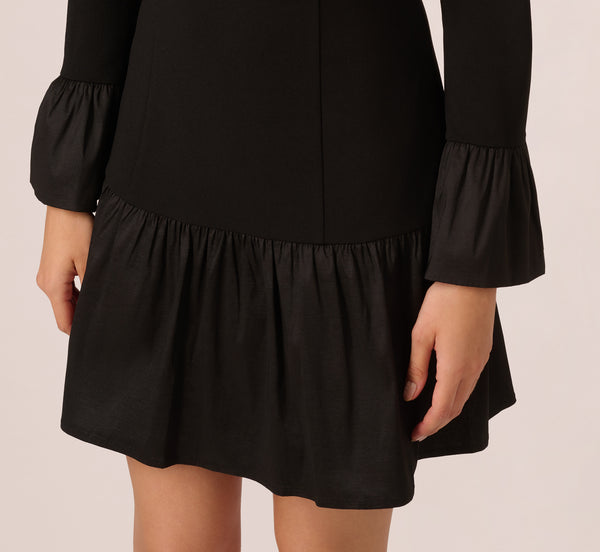 Adrianna Papell Crepe And Taffeta Drop Waist Short Dress In Black