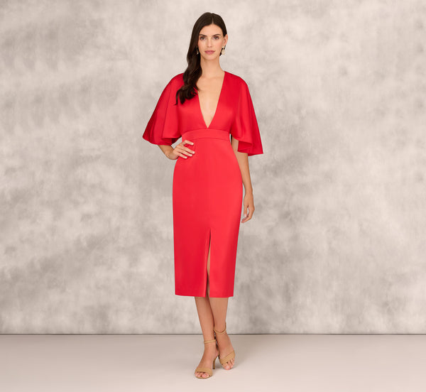 Adrianna Papell Crepe Back Satin Midi Dress With Flutter Sleeves In Chateau Red