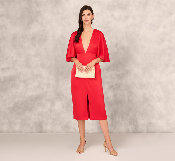 adrianna papell Crepe Back Satin Midi Dress With Flutter Sleeves In Chateau Red