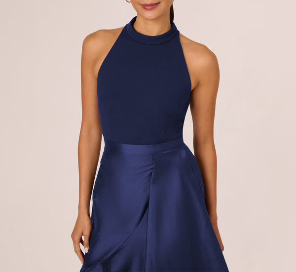 Adrianna Papell Crepe Combo Taffeta Dress In Light Navy