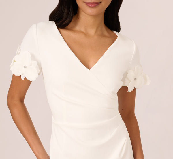 Adrianna Papell Crepe Faux Wrap Sheath Dress With Floral Accent Short Sleeves In Ivory