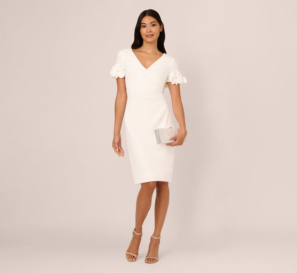 adrianna papell Crepe Faux Wrap Sheath Dress With Floral Accent Short Sleeves In Ivory