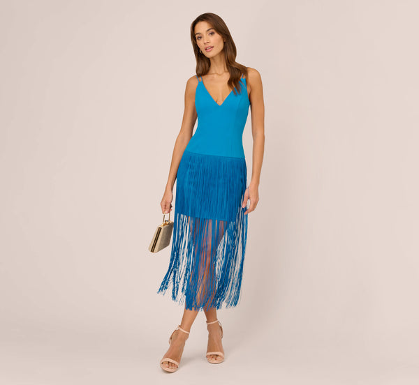 adrianna papell Crepe Fringe Dress With Double Spaghetti Straps And V Back In Deep Cerulean