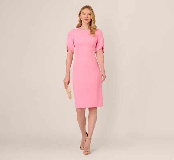 Adrianna Papell Crepe Midi Length Sheath Dress With Pearl Trimmed Sleeves In Cherry Blossom