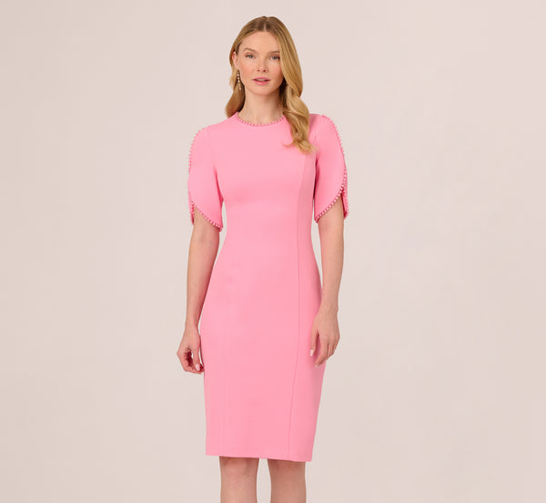adrianna papell Crepe Midi Length Sheath Dress With Pearl Trimmed Sleeves In Cherry Blossom