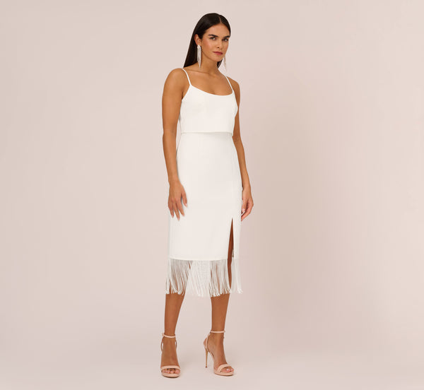 Adrianna Papell Crepe Popover Midi Dress With Fringe Trim In Ivory