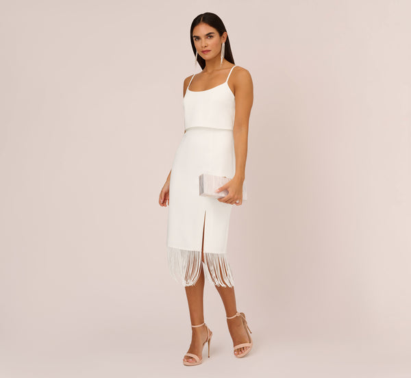 adrianna papell Crepe Popover Midi Dress With Fringe Trim In Ivory