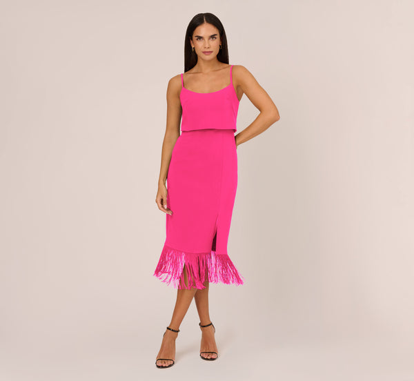 Adrianna Papell Crepe Popover Midi Dress With Fringe Trim In Lipstick