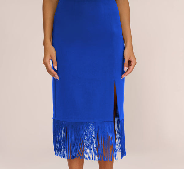 Adrianna Papell Crepe Popover Midi Dress With Fringe Trim In Royal Sapphire