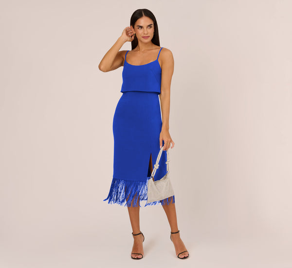 adrianna papell Crepe Popover Midi Dress With Fringe Trim In Royal Sapphire