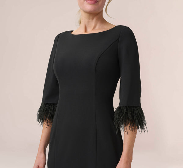 Adrianna Papell Crepe Sheath Dress With V-Back And Feather-Trim Sleeves In Black